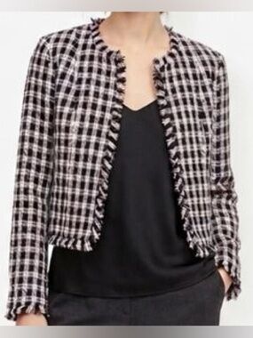 H&M Black and White Tweed Fringe Collarless Jacket
